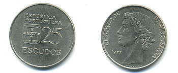 ПОРТУГАЛИЯ 25 ЭСКУДО 1977 KM 607 медно-никель 80-431