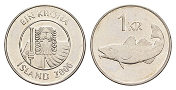 Исландия 1 крона 2006 треска KM 27a сталь плакированная никелем UNC 4635-115