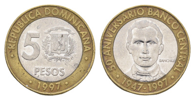 Доминиканская Республика (Доминикана) 5 песо 1997 50 лет Центробанку KM 88 биметалл 4663-924