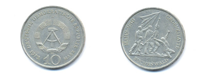 ГДР 10 марок 1972 A, мемориал Бухенвальда KM 38, J. 1539 медно-никель 3333-216