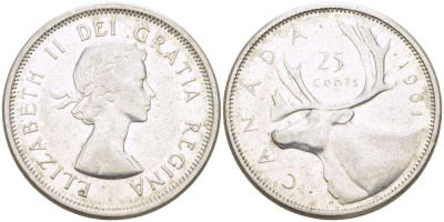 Канада 25 центов 1961 Елизавета II (1952-), олень KM 52 серебро 00-00