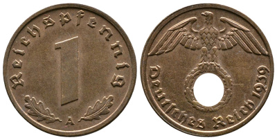 Германия 1 рейхспфенниг 1939 A KM 89, J. 361 бронза    220-332