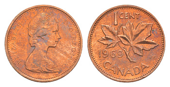 Канада 1 цент 1969 Елизавета II (1952-2022), кленовый лист KM 59 бронза 4639-333