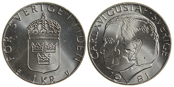 Швеция 1 крона 1981 Карл XVI Густав (1973- ) KM 852 медь плакированная медно-никелем UNC 4179-1221