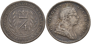Эссекибо и Демерари 1/4 гульдена 1809 Георг III (1760-1820) KM 4 серебро    633-622