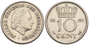 Нидерланды 10 центов 1950 Юлиана (1949-1980) КМ 182 никель 4567-553