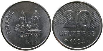 Бразилия 20 крузейро 1984 KM 593.1, Schon 102 нержавеющая сталь aUNC 4519-316