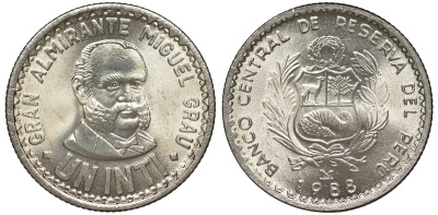 Перу 1 инти 1988 LIMA, Мигель Грау KM 296 медно-никель UNC 4605-342