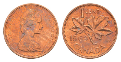 Канада 1 цент 1969 Елизавета II (1952-2022), кленовый лист KM 59 бронза 4639-333