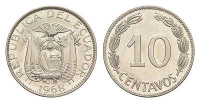 Эквадор 10 сентаво 1968 KM 76c сталь плакированная никелем UNC 4643-1156