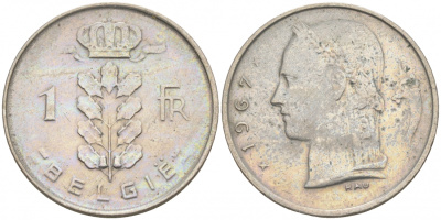 БЕЛЬГИЯ 1 ФРАНК 1967 BELGIE KM 143.1 медно-никель 68-526
