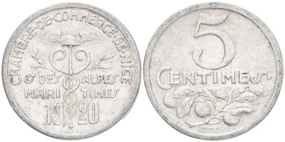 ФРАНЦИЯ 5 САНТИМОВ 1920 НИЦЦА, ТОКЕН, НОТГЕЛЬД алюминий 4516-644