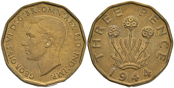 Великобритания 3 пенса 1944 Георг VI (1936-1952) KM 849, Spink 4112 никель латунь 4561-612