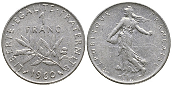 ФРАНЦИЯ 1 ФРАНК 1960 СЕЯТЕЛЬ KM 925.1, LE FRANC 226.4 никель 3999-1031