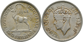 Британская Южная Родезия 2 шиллинга 1948 Георг VI (1936-1952), черная антилопа KM 23 медно-никель 00-00