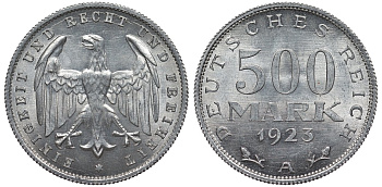 Германия 500 марок 1923 А KM 36, J.305 алюминий UNC 4587-513