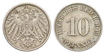 Германия 10 пфеннигов 1913 A, Вильгельм II (1888-1918) KM 12, J. 13 медно-никель 4640-328