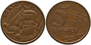 Бразилия 5 сентаво 2005 KM 648, Schon 156 сталь плакированная медью 4523-1034
