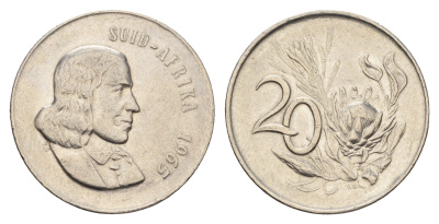 ЮАР 20 центов 1965 Ян ван Рибек (1619-1677), Suid Africa, легенда на африкаанс, капские воробьи KM 69.2 никель 4675-617