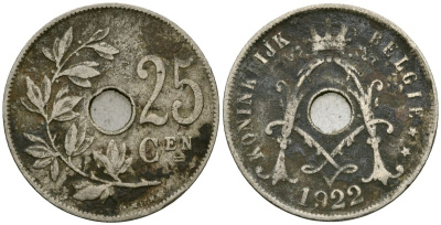 Бельгия 25 сантимов 1922 Belgie, Альберт I (1909-1934) KM 69 медно-никель 4165-846