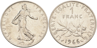 Франция 1 франк 1966 сеятель, тип Semeuse KM 925, Le Franc 226.11 никель 4592-1111