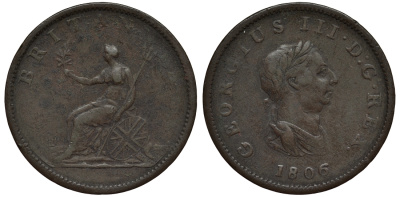 Великобритания 1/2 пенни 1806 Георг III (1760-1820) KM 662, Spink 3781 медь 106-756