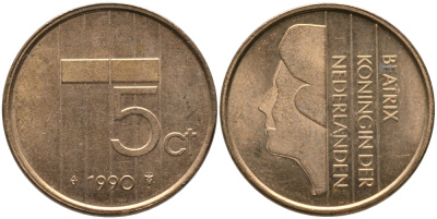 НИДЕРЛАНДЫ 5 ЦЕНТОВ 1990 БЕАТРИКС KM 202 бронза 65-1255