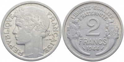 ФРАНЦИЯ 2 ФРАНКА 1944 KM 886а.1 алюминий 114-744