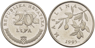 Хорватия 20 лип 1995 олива, легенда на хорватском KM 7 сталь плакированная никелем 66-534