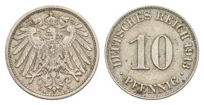 Германия 10 пфеннигов 1913 A, Вильгельм II (1888-1918) KM 12, J. 13 медно-никель 4640-328