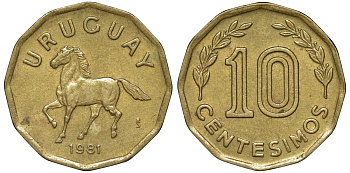 Уругвай 10 сентесимо 1981 KM 66 алюминиевая бронза 4169-538