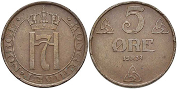 НОРВЕГИЯ 5 ЭРЕ 1938 ХОКОН VII (1905-1957) KM 368 бронза 115-813