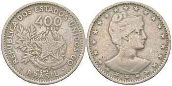 Бразилия 400 реалов 1901 MCMI, голова свободы вправо KM 505 медно-никель 4612-445