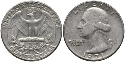 США 25 центов (квотер) 1971 D, Вашингтон KM 164а медь плакированная медно-никелем 113-525