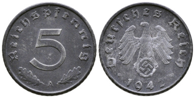 ГЕРМАНИЯ 5 РЕЙХСПФЕННИГОВ 1942 A, KM 100, J. 370 цинк 80-824