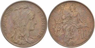ФРАНЦИЯ 10 САНТИМОВ 1899 ТИП ДАНИЭЛЬ ДЮПЮИ KM 843, LA FRANC 136.8 бронза 109-125