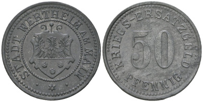 Вертхайм-на-Майне (Баден) 50 пфеннигов 1917 Funck 597.3, Men14 33447.3 цинк aUNC 4591-455
