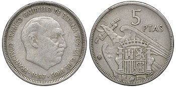 Испания 5 песет 1957 (67) Франсиско Франко (1939-1975) KM 786 медно-никель 53-1013