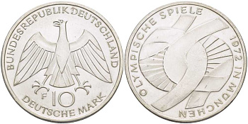 ФРГ 10 МАРОК 1972 F, ОЛИМПИАДА, СПИРАЛЬ KM 134.1, J. 402 серебро UNC 180-1112