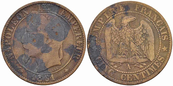 ФРАНЦИЯ 5 САНТИМОВ 1861 A, НАПОЛЕОН III (1852-1870) KM 797.1, LE FRANC 117.2 бронза 108-456