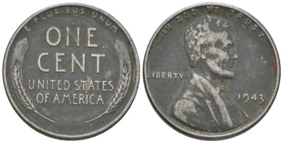 США 1 цент 1943 Авраам Линкольн KM 132 a сталь покрытая цинком 214-514