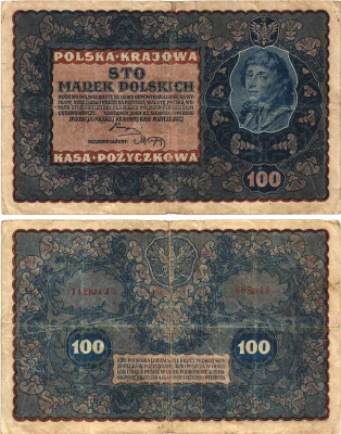 Польша 100 марок 1919 23 августа 1919, третий выпуск, Тадеуш Костюшко, I серия J Pick 27 (1), M27a  бумага   8609-9-1-1