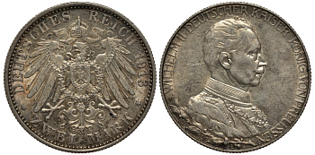 Пруссия 2 марки 1913 A, Вильгельм II (1888-1918), 25 лет правления (мундир) Weege 111, J. 111, KM 533 серебро 3711-834