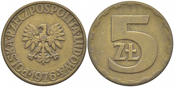 Польша 5 злотых 1976 монетный двор Ленинград (ЛМД) KM 81.1, Parchimowicz 221b латунь 3856-943