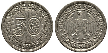 Германия 50 рейхспфеннигов 1927 G KM 49, J. 324 никель 413-4021