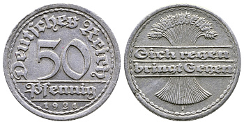 ГЕРМАНИЯ 50 ПФЕННИГОВ 1921 F KM 27, J. 301 алюминий 4380-845