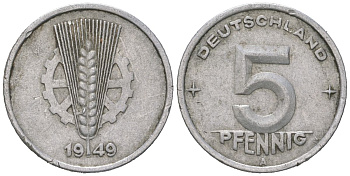 ГДР 5 пфеннигов 1949 A KM 2 алюминий 206-536