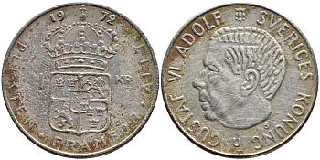 Швеция 1 крона 1972 Густав VI Адольф (1950-1973) KM 826a медь плакированная медно-никелем 4395-113