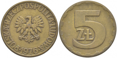 Польша 5 злотых 1976 монетный двор Ленинград (ЛМД) KM 81.1, Parchimowicz 221b латунь 3856-943