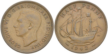 Великобритания 1/2 пенни 1942 Георг VI (1936-1952) KM 844, Spink 4115 бронза 4538-212